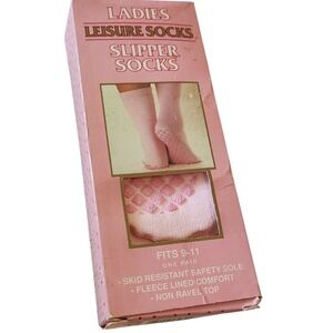 Ladies Leisure‎ Socks Slipper Socks Pink Diamond Pattern Fleece Lined Fits 9-11